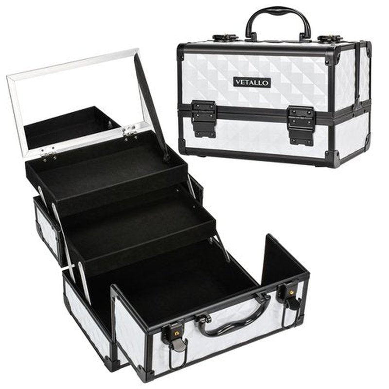 VETALLO Travel Makeup Box, Lockable Makeup Box Organizer I Makeup Train Case I Makeup Case Organizer I Makeup Box with Mirror I Large Makeup Organizer I Gifts For Her Women Bestie I White B