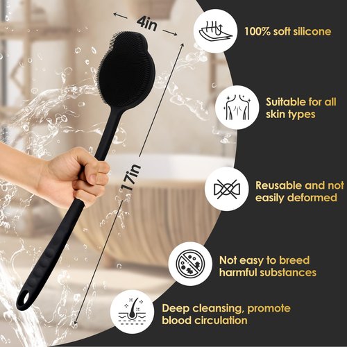 VWMYQ Silicone Back Scrubber for Shower, Upgrade Long Handle Silicone Body Scrubber, Back Scrubber Exfoliating and Massage Can Produce More Foam, Long Handle Back Scrubber for Men Women