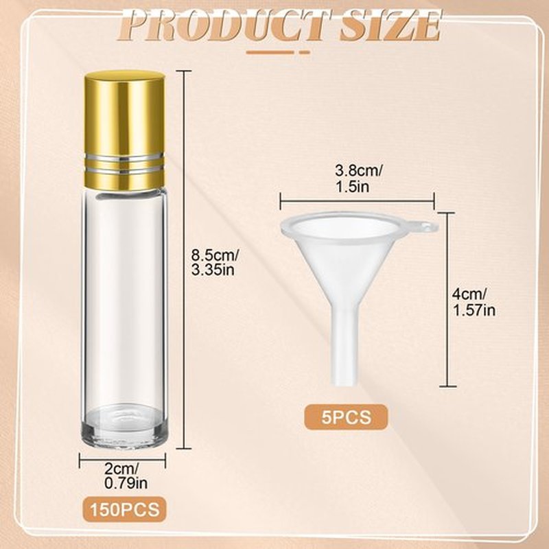 Sumind 150 Pcs Essential Oil Roller Bottles 10 ml Glass Roller Bottles with Stainless Steel Roller Balls Empty Bottles Leak Proof Roll on Bottles with 5 Funnel for Travel Essential Oil (Gold)