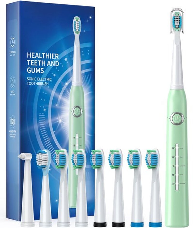TEETHEORY Sonic Electric Toothbrush with 8 Brush Heads 40000 VPM 5 Modes Sonic Toothbrushes Quick Charge 4 Hours Duration 30 Days Rechargeable Electric Toothbrush for Adult Green