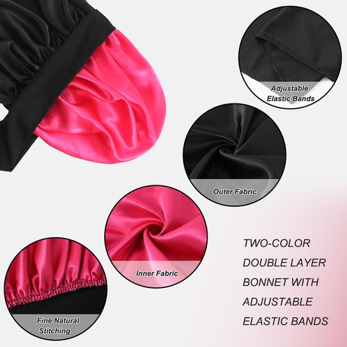 Satin Silk Bonnet Hair Bonnet for Sleeping Jumbo Sleep Cap, Black Bonnet for Women Curly Hair, Double Layer Bonnet with Tie Band Shower Cap