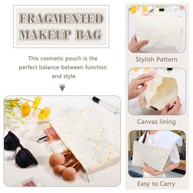 ZLFSRQ Daisy Flower Makeup Bag Travel Cute Floral Cosmetic Bags for Women Large White Makeup Pouch Zipper Cosmetic Pouch for Purse Aesthetic Makeup Organizer Bag Portable Toiletry Bag