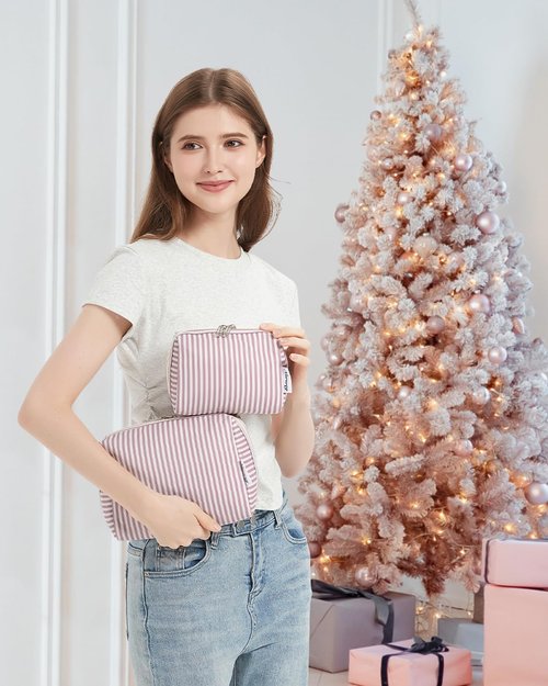 Narwey Striped Makeup Bag Travel Cosmetic Bag Organizer Toiletry Bag Make Up Bags with Compartments for Women (Large, Dusty Rose Stripe)