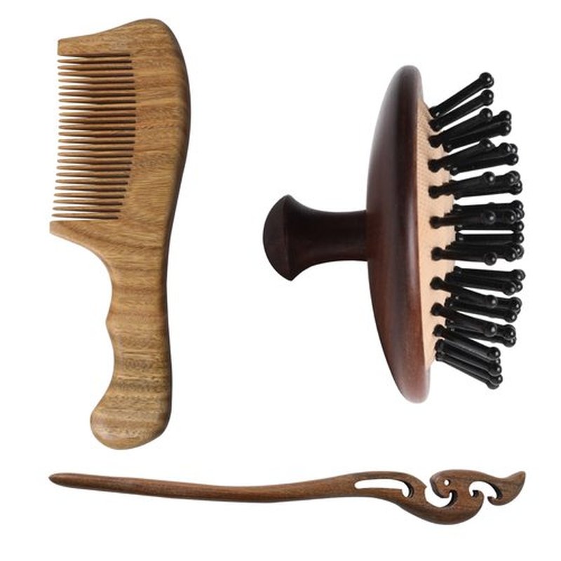 3PCS Wooden Hair Brush Air Cushion Comb Green Sandalwood Cute Hairpin with Storage Bag Portable Travel for Massaging Scalp Women Men Kids (Hairpin + Handle Comb + Circular Air Cushion Comb)