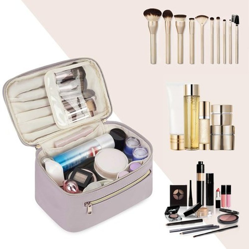 Wandering Nature Makeup Bag, Travel Make Up Organizer Cosmetic Brush Bags Case for Women in Vegan Leather, Purple(Patent Pending)