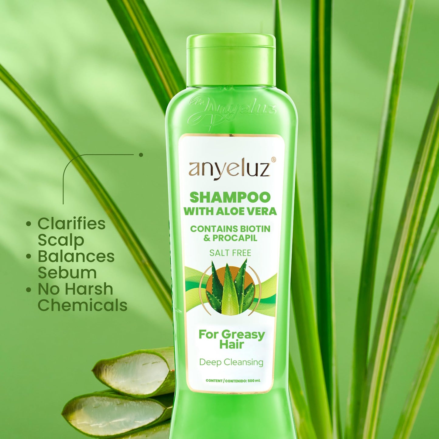 ANYELUZ Aloe Vera Hair Shampoo, Deep-Cleansing Scalp Cleanser, Biotin Strengthening Formula, Grease Control, Salt Paraben-Free Haircare