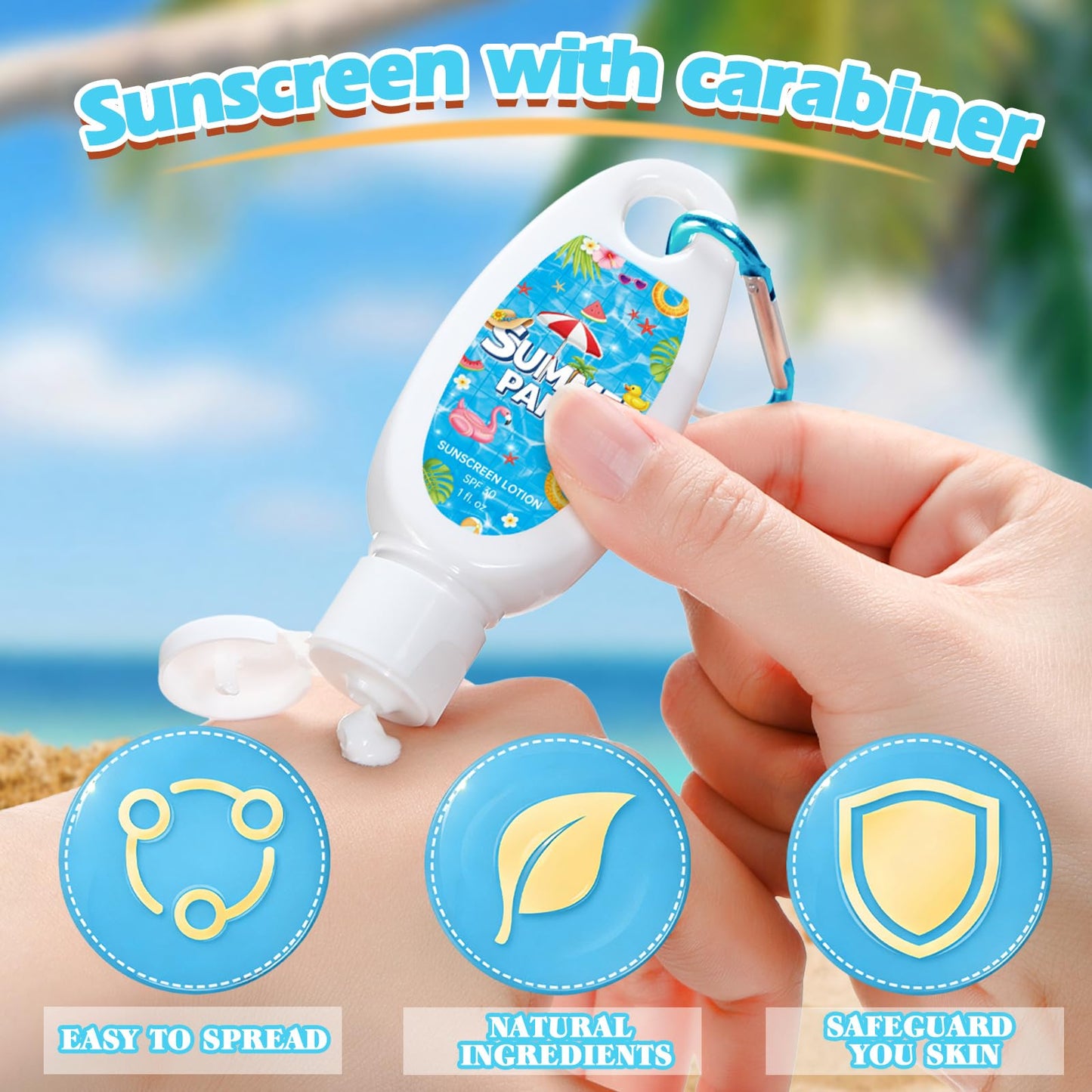 Leelosp 30 Pcs Summer Party Favor Mini Sunscreen with Carabiner Bulk Travel Size 1 Fl. oz. Spf 30 Water Resistant Mini Sunblock Lotion with Clip Keychain for Outdoor Pool Vacation Hawaii Party Favor