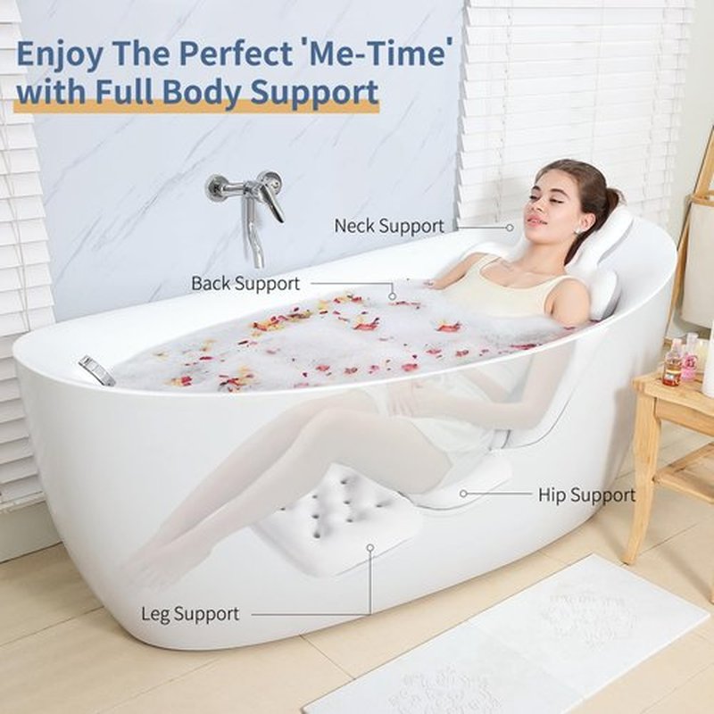 Luxury Bath Cushion, Full Body Bathtub Pillow with 160 Suction Cups, Bath Mat for Head and Neck Support, with Laundry Bag (White, 51.2" x 16.2")