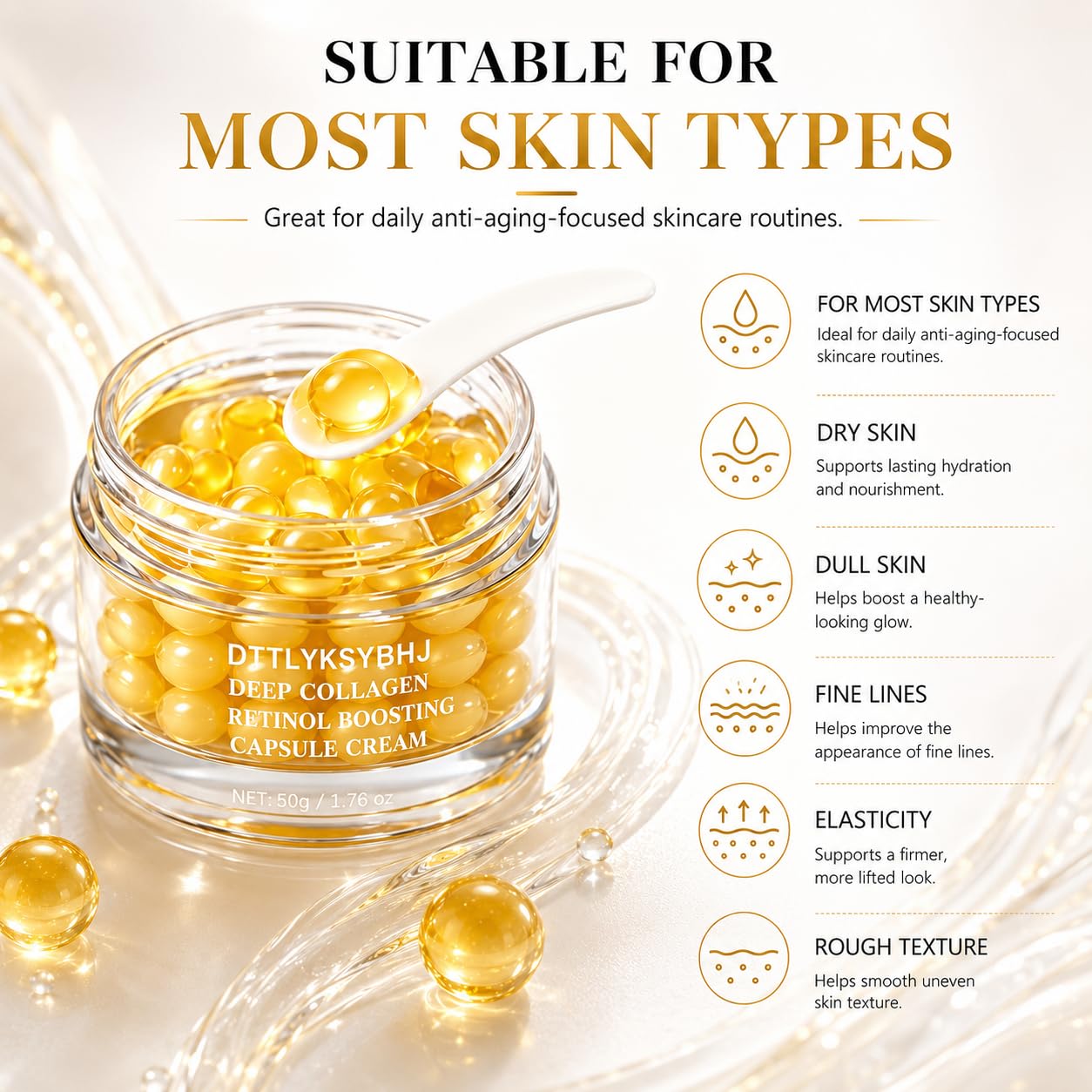 Deep Collagen Retinol Capsule Cream, 1.76 fl.oz - Golden Face & Neck Moisturizer with Hyaluronic Acid, Firming Hydrating Smoothing for All Skin Types