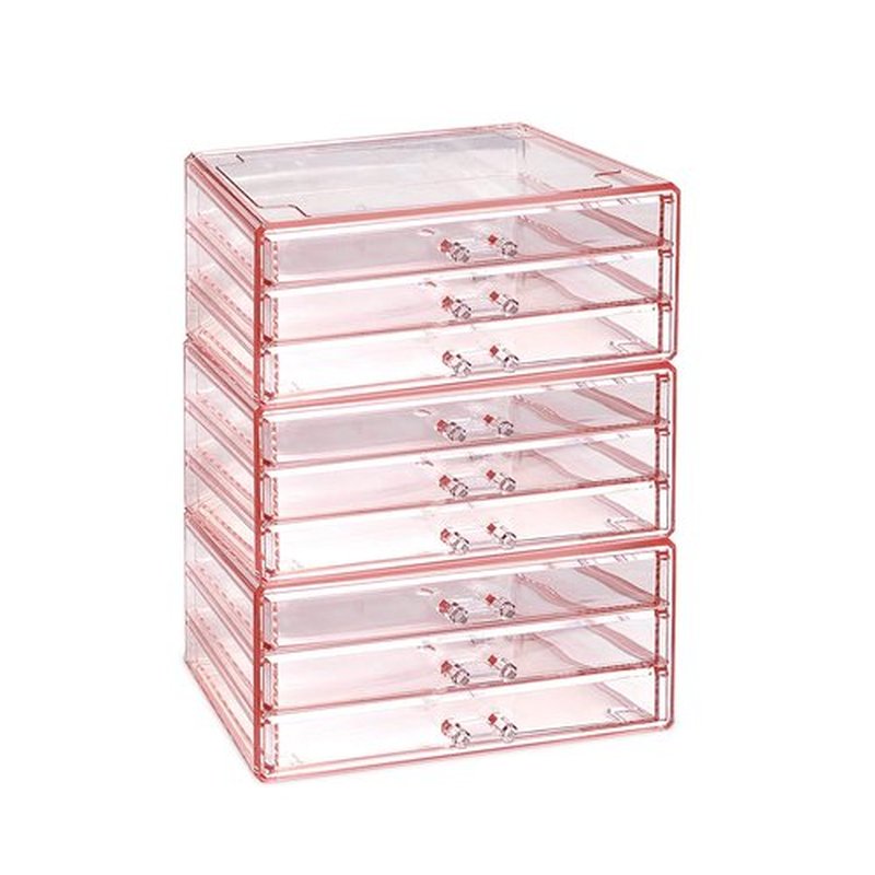 Ikee Design 3-Piece Set Pink Acrylic Drawer Storage Organizer, Ideal for Jewelry, Makeup, Home, and Office Storage,9.38 W x 5.38 D x 12.75 H in