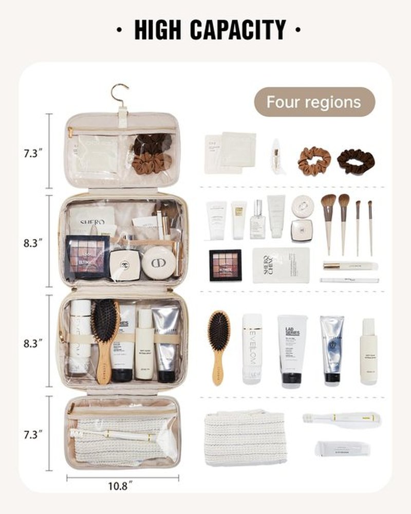 EACHY Toiletry Bag with Hanging Hook, Travel Makeup Bag PU Leather Cosmetic Bags for Women Make Up Organizer with 4 Compartments Waterproof Full-Size Portable Travel Essentials (Plait-White)