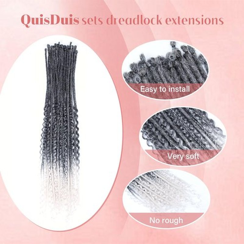 Quiduis 30 Inch 30 Strands SE Dreadlock Extensions Full Sets,3 In 1 Mixed Synthetic Dreads Extensions,Gray to White Curly&Straight&Boho Single Ended Dreads Extensions Hippie Style Dreadlock for Women