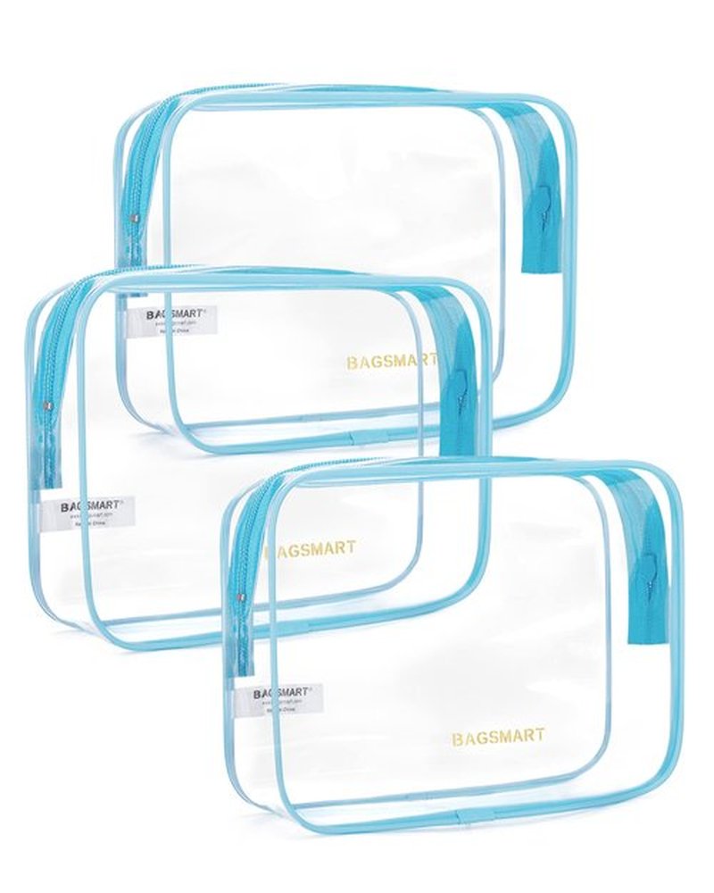 BAGSMART Clear Toiletry Bag, 3 Pack TSA Approved Travel Toiletry bag Carry on Travel Accessories Bag Airport Airline Quart Size Bags Water Repellent Makeup Cosmetic Bag for Women (Blue-3pcs)