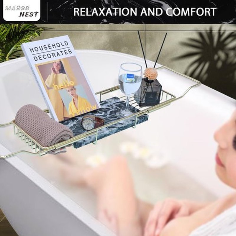 MARBBNEST Bathtub Tray Caddy for Luxury Bath Expandable Extra Wide Bath Tub Tray with Natural Marble Tray and Mobile/Tablet Stand, Ideal for Home Spa Lovers(Gold + Large Flower Green)