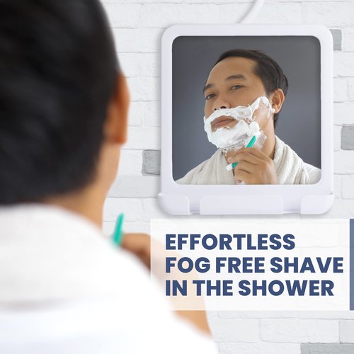 MIRRORVANA Dual Anti Fog Shower Mirror for Shaving with Hook for Hanging and Fogless Shatterproof Surface - Fill Back Chamber/Reservoir with Hot Water for Fog Free Shave (8" x 7", White)