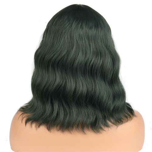BERON 14 Inches Dark Green Wig for Women Short Curly Wig Green Wig with Bangs Loose Wavy Wig for Daily or Party