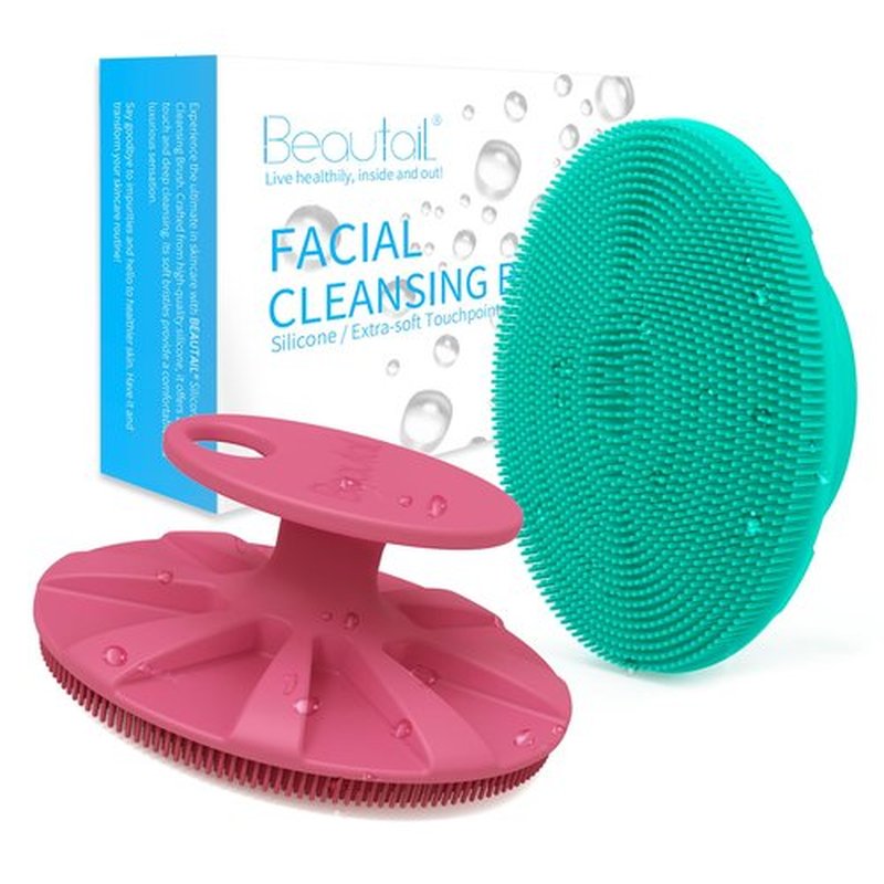 BEAUTAIL Silicone Face Scrubber 2 Pack, Manual Facial Cleansing Brush, Gentle Face Exfoliator for Sensitive Skin, Skin Care Exfoliating Face Brush for Men and Women, Rose+Green