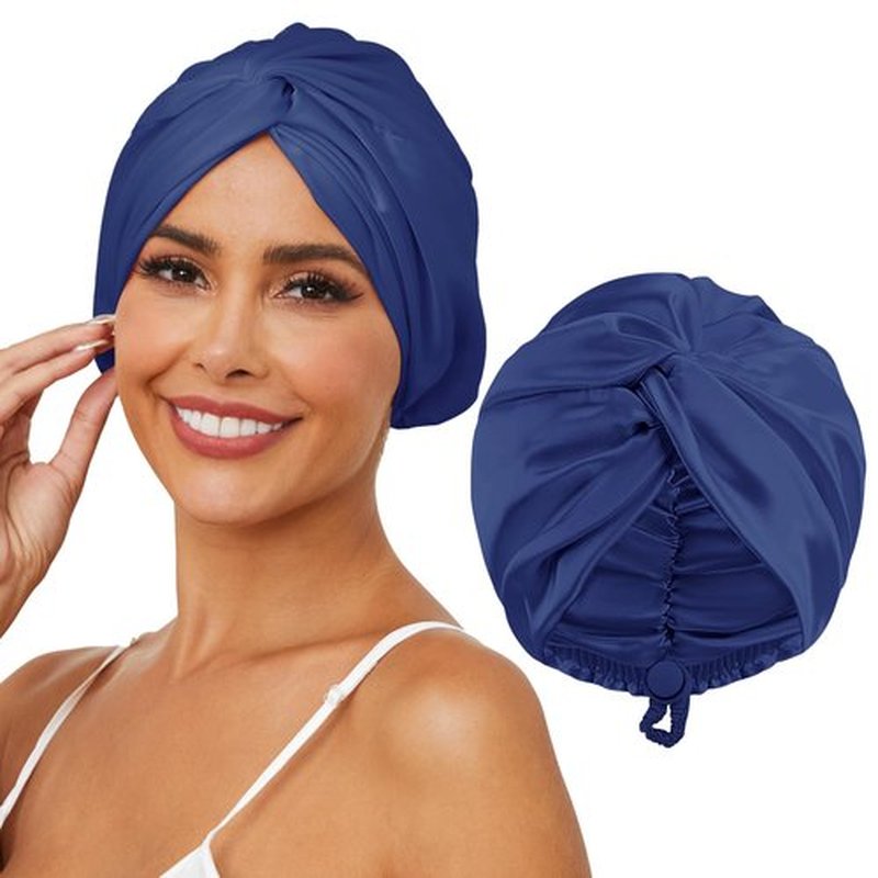 HFRHTGY Adjustable Silk Satin Hair Bonnet for Sleeping, Double Layer Hair Wrap Sleep Cap Turban for Women Men, Curly Straight Hair Long Large Braid Unisex (Navy Blue 32)