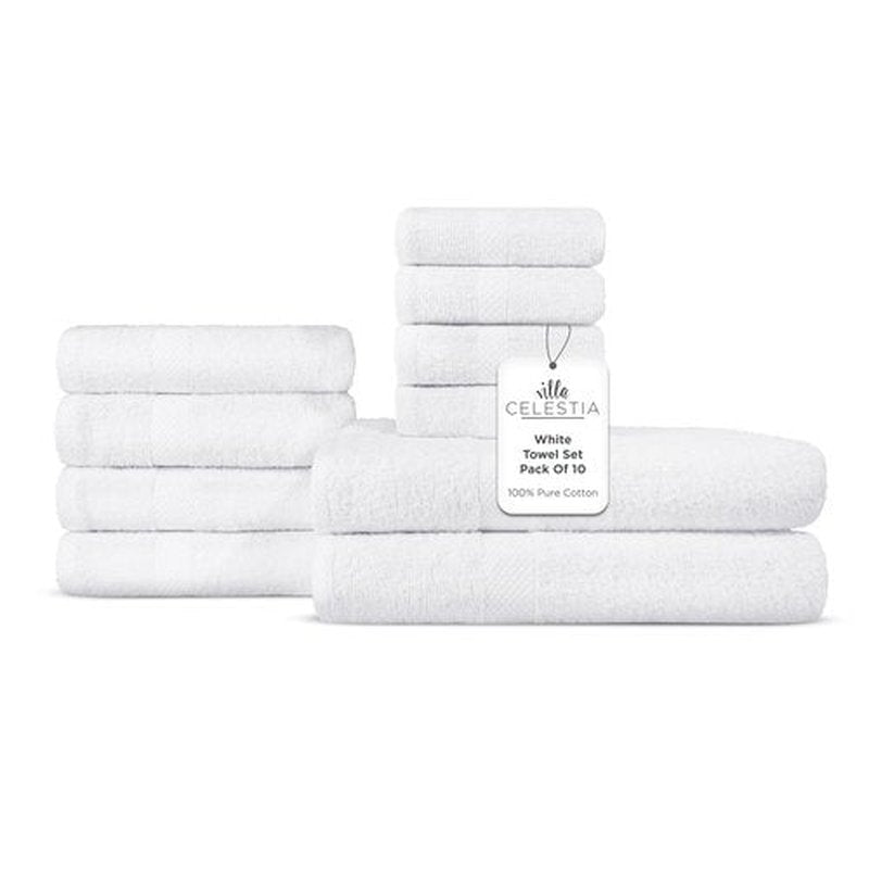 100% Combed Cotton Bathroom Towel Set of 10-2 Bath Towels, 4 Hand Towels, 4 Wash Cloths, Sustainable, Soft, Highly Absorbent 10 Piece Cotton Bath Towel Set Ideal for Hotels, Spa, Bathroom, Dorm, White