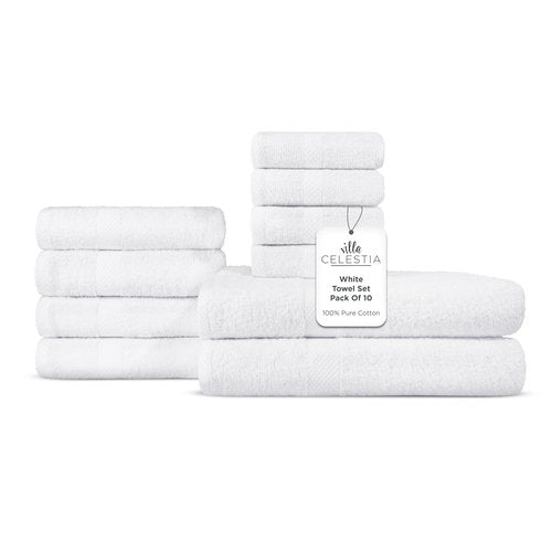 100% Combed Cotton Bathroom Towel Set of 10-2 Bath Towels, 4 Hand Towels, 4 Wash Cloths, Sustainable, Soft, Highly Absorbent 10 Piece Cotton Bath Towel Set Ideal for Hotels, Spa, Bathroom, Dorm, White