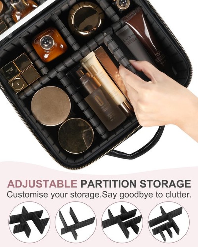 MAYFIY Makeup Bag with LED Mirror and Travel Makeup Train Case Cosmetic Organiser with 2X3X Magnifying Mirror and Separate Makeup Brush Panel, Portable Adjustable Divider Storage Bag, Black