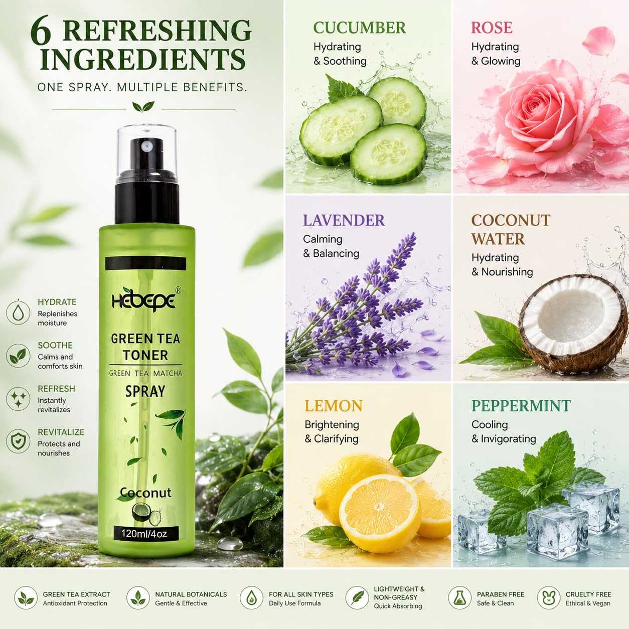 Hebepe Green Tea Matcha Facial Toner with Rose Petal, Refreshing, and Soothing Face Toner, with Rose Oil, Aloe Vera,120ml