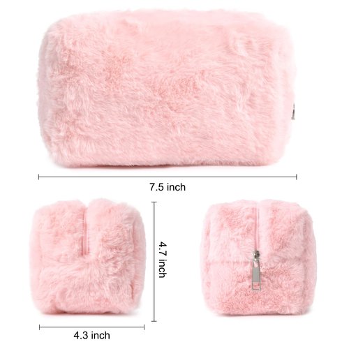 SOIDRAM 2 Pieces Makeup Bag Cute Cosmetic Bag Plush Pink White Makeup Pouch Coquette Travel Toiletry Bag Organizer Fluffy Makeup Brushes Puffy Storage Bag for Women