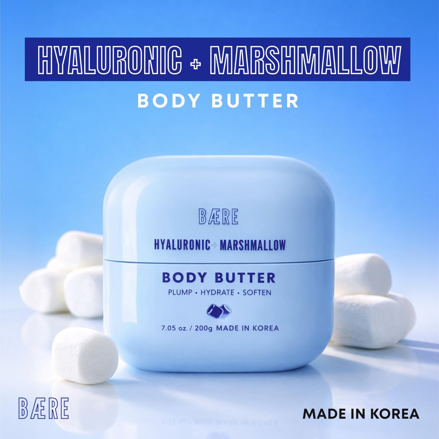 Baere Hyaluronic Acid Body Butter With Marshmallow - Dermatologist Tested, Anti Aging, Korean Skin Care - Deep Hydration, Smoother, Plumper, Dewy Skin - Vegan, Clean Beauty - 7.05 Oz