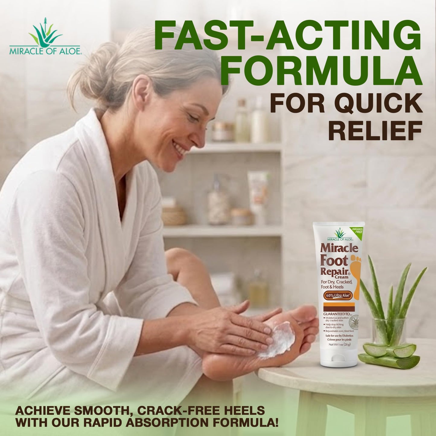 Miracle Foot Repair Cream (8 oz & 1 oz) Repairs Dry Cracked Heels and Feet, 60% Pure UltraAloe Moisturizes, Softens, and Repairs