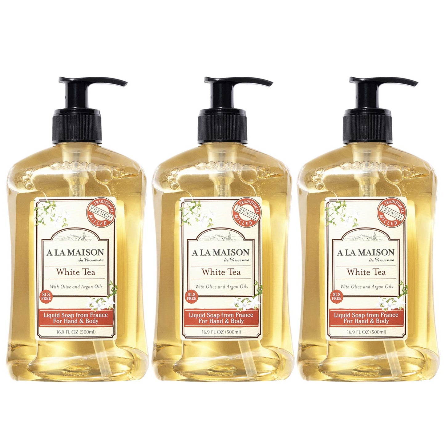 A LA MAISON French Liquid Hand Soap, White Tea - Natural Hand Wash Made with Essential Oils - Biodegradable, Plant-Based, Vegan, Cruelty-Free, Alcohol & Paraben Free (16.9 oz, 3 Pack)
