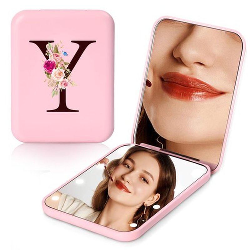 KEWWADB Travel Mirror with Lights, Initials Portable Compact Mirror, Travel Essentials, Suitable for Teen Girls, Young Women Gifts Ideas, Birthdays Gifts(Pink) (Y)