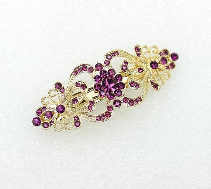 Faship Gorgeous Purple Rhinestone Crystal Hearts And Floral Hair Barrette