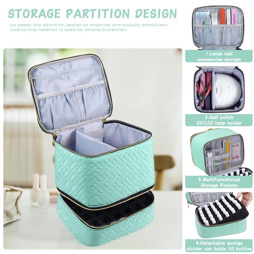 RZMAYIS Nail Polish Carrying Case Bag-Holds 30 Bottles, Double-Layer Nail Polish Storage and Nail Dryer Case
