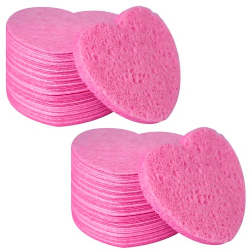 100-Count Compressed Facial Sponges for Estheticians Heart Shape Natural Cellulose Sponge Professional Cosmetic Spa Sponges for Face Cleansing, Massage, Pore Exfoliating, Mask, Makeup Removal, Pink