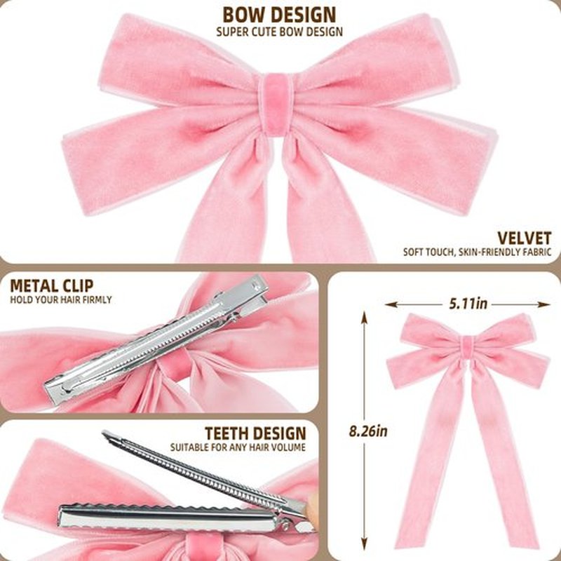 2PCS Pink Hair Bows Soft Velvet Bow Hair Clip with Long Tail Hair Accessories for Women Girls Toddlers