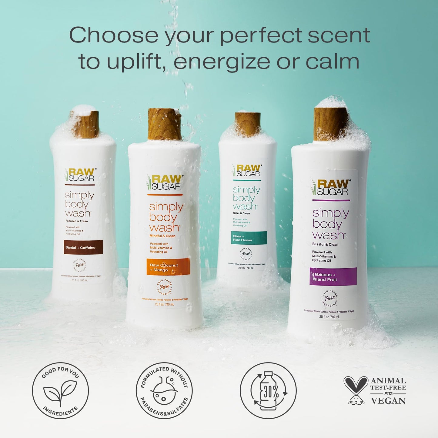 RAW SUGAR Simply Body Wash - Santal + Caffeine, Moisturizing & Soothing Bath & Shower Gel, Sulfate-Free, Paraben-Free & Vegan (25 Fl Oz, Pack of 1)