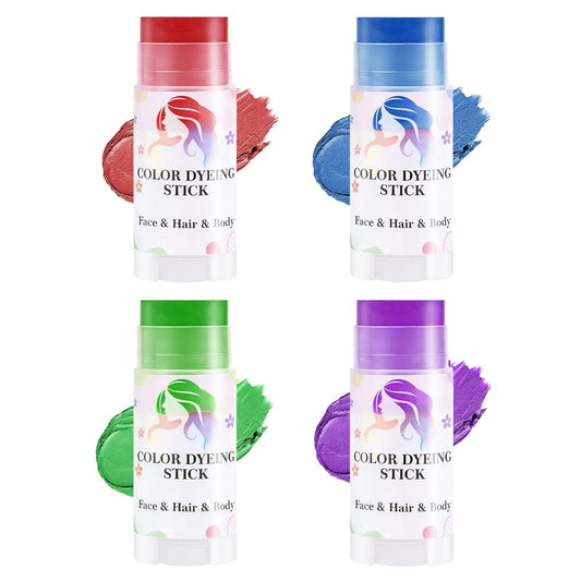 Temporary Hair Color Stick Set - Waterproof & Sweatproof Hair Chalk | Non-Sticky Washable Face & Body Paint (Red, Blue, Green, Purple)