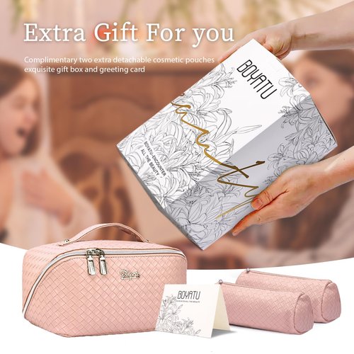 Travel Makeup Bags Cosmetic Organizer Bag: Large Capacity Make up Bag Set of 3 - Vegan Leather Toiletry Bag for Women - Portable Makeup Organizer with Compartments & Handle & Divider (1 Pink)