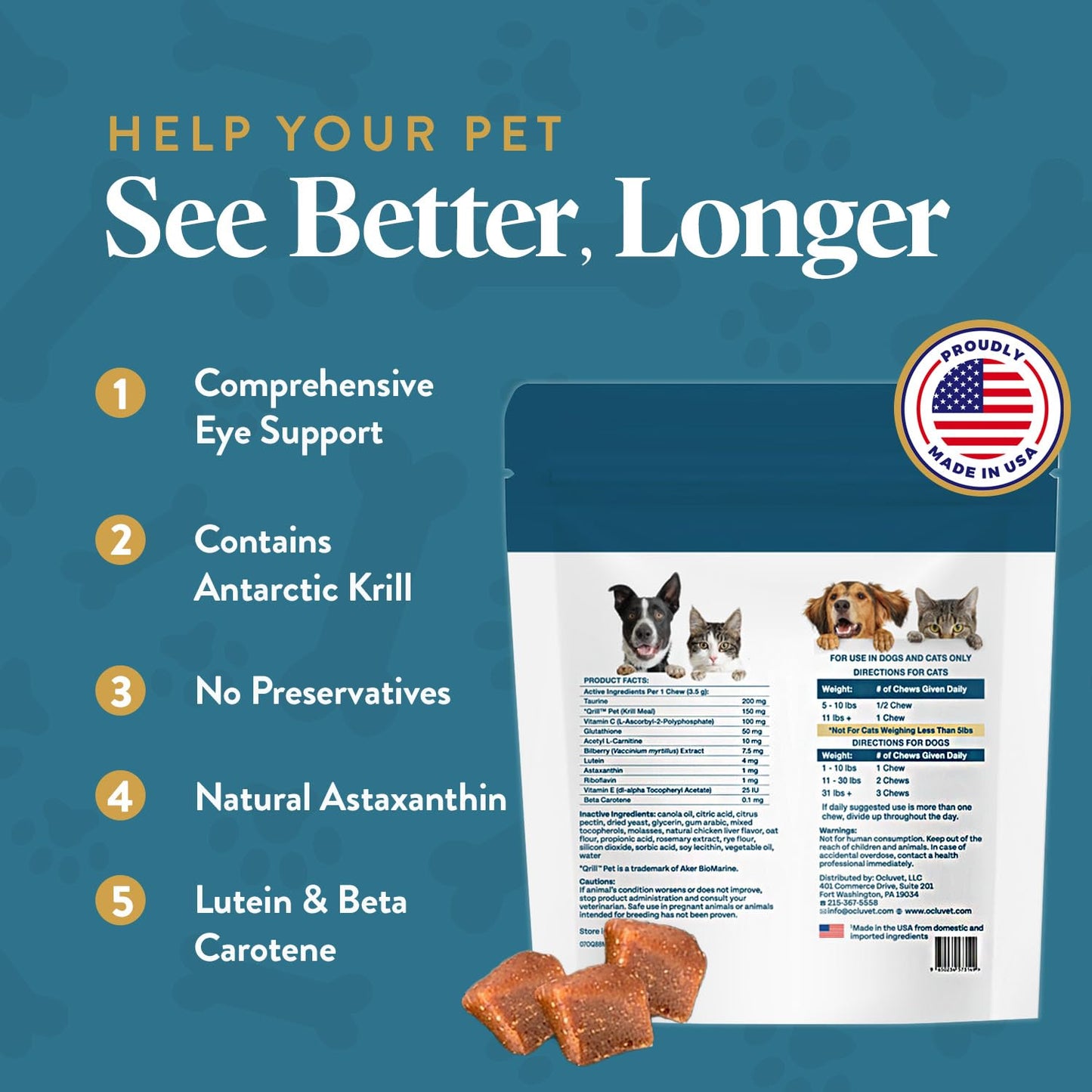OcluVet Vision Chews Eye Supplements for Dogs & Cats, Natural Chicken Flavor, Contains Omega 3, Lutein, Antioxidants, & More, Cat & Dog Eye Supplements, No Preservatives, Made in USA, 1 Bag, 15 Chews