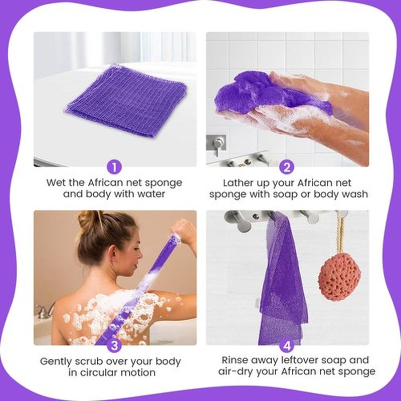 ZOCY African Net Sponge, Authentic Exfoliating Body Scrubber for Bath and Shower, Multiple Textures with Gentle Deep Exfoliating and Rich Lather for All Skins (Purple)