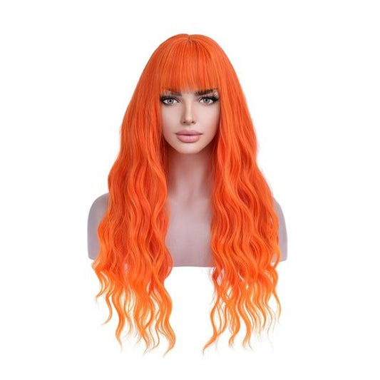 MAGQOO Orange Ombre Flame Fire Wig with Bangs Long Curly Wavy Orange Ombre Hair Wig for Women Girls Synthetic Heat Resistant Cosplay Costume Party Wig Wig Cap Included (Orange Fire)