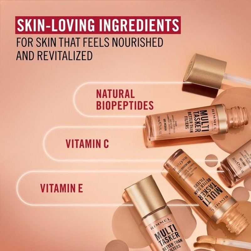 Rimmel Multi-Tasker Better Than Filters, 008 Rich, Face Primer, Glow Booster and Highlighter, Vegan Formula, Anti-Ageing Benefits, Light-Reflecting Pigments, Giant Soft-Touch Wand, 1oz