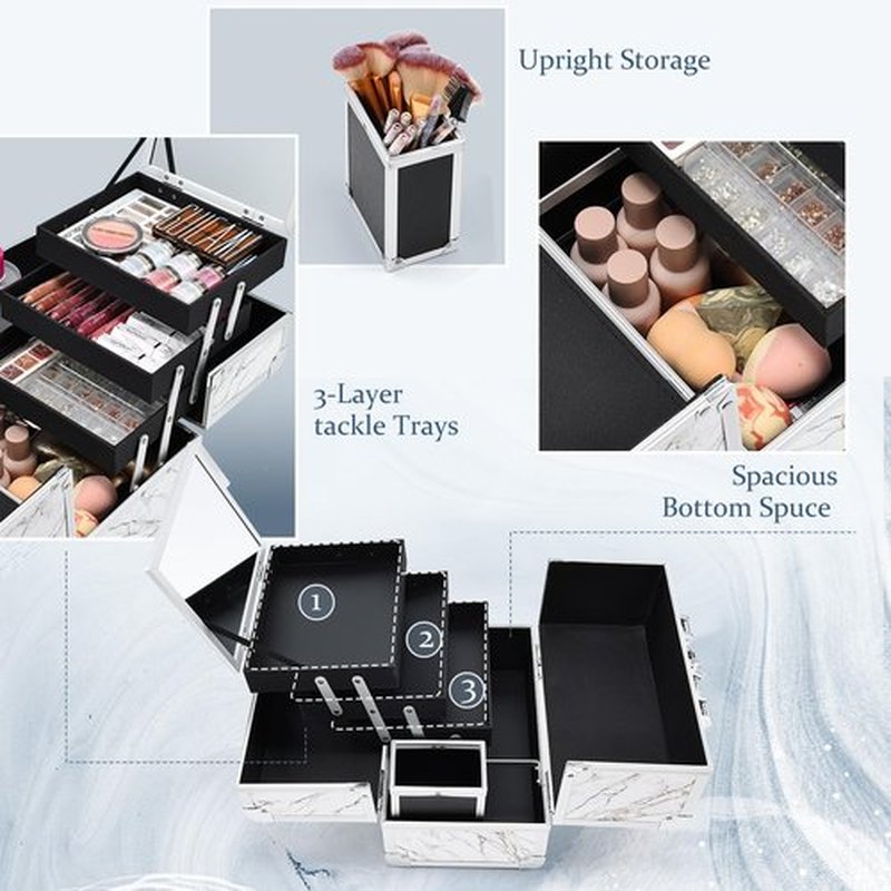 Joligrace 11.6 inch Makeup Box Train Case Cosmetic Organizer with Mirror 3-Tier Tackle Tray Lockable Portable Travel Carrying Make-up Storage Box with Handle - Marble White