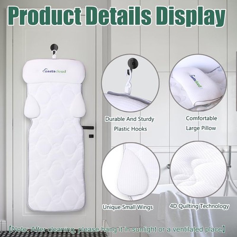 Full Body Bath Pillow, Bathtub Mattress Luxury Cushion with Large Suction Cups, Comfort Support Your Head, Neck, Shoulder, Back and Tailbone, Relax & Quick Drying, White