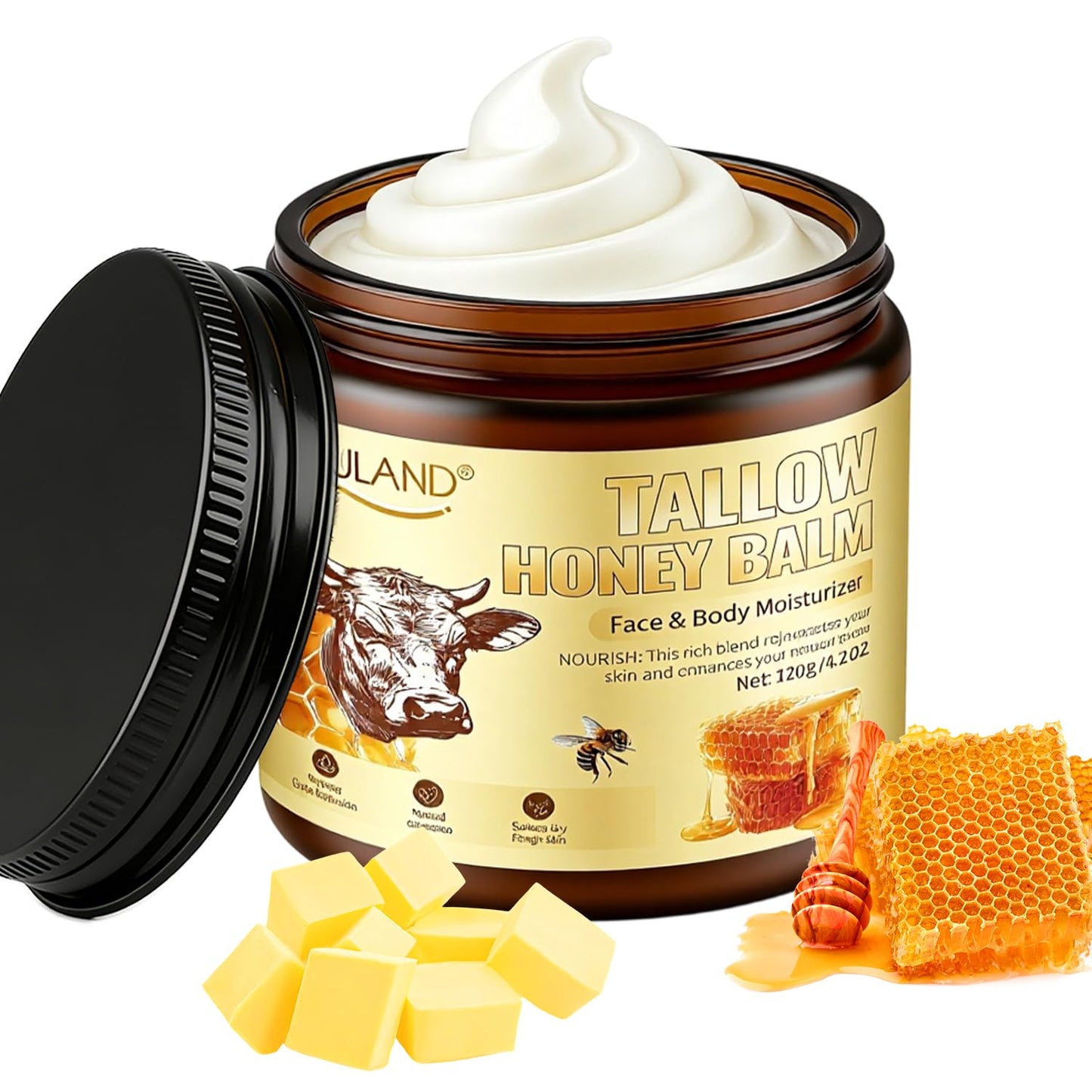 SiFULAND Beef Tallow for Skin, 100% Organic Grass-Fed Beef Tallow & Raw Honey Balm - Deep Nourishing Moisturizer for Face and Body, Sensitive Skin - All Natural Formula - 4.2 OZ