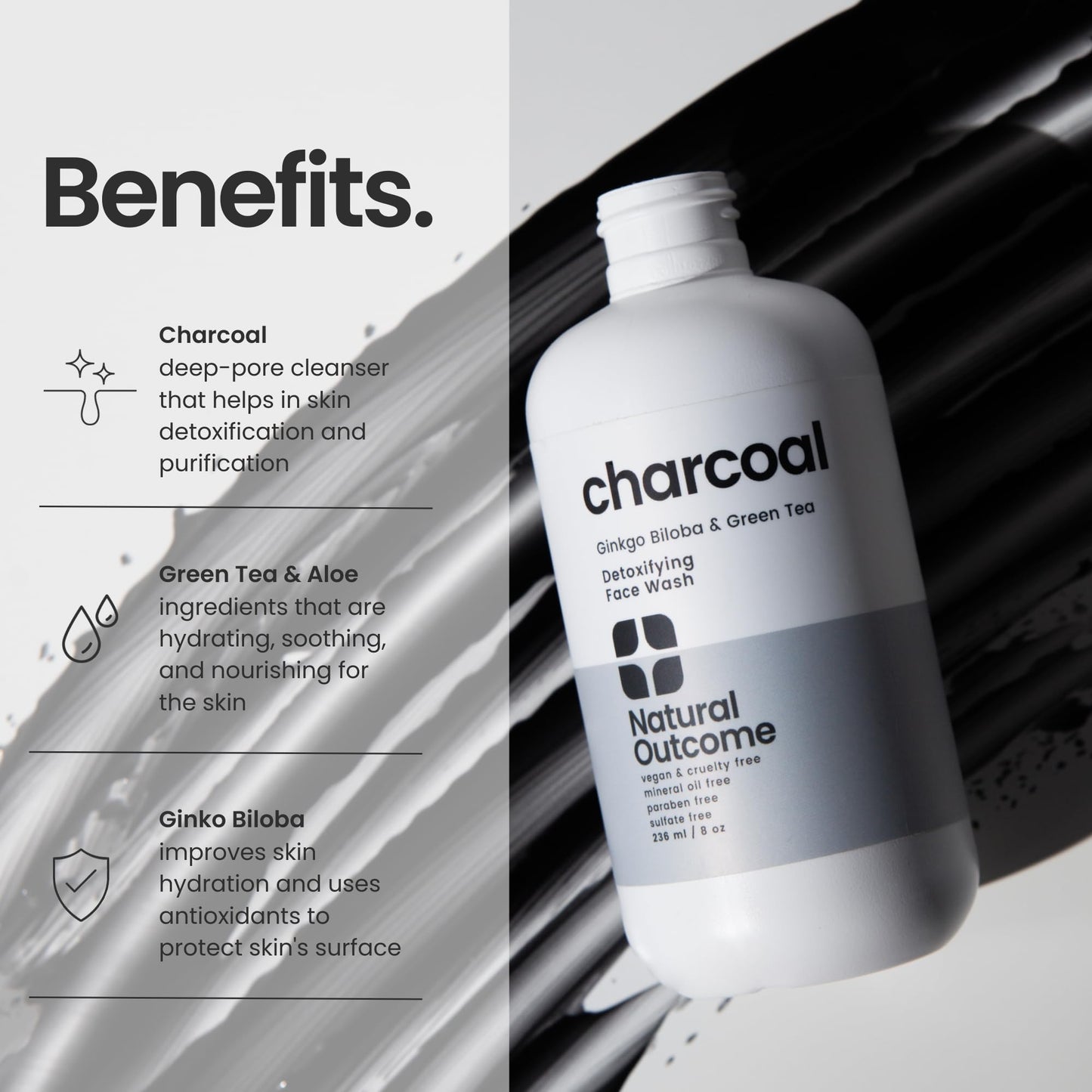 natural outcome Charcoal Face Wash | Daily Detoxifying Charcoal Cleanser for Acne | Deep Pore Cleanser Hydrates & Purifies Skin with Green Tea, Aloe Vera, & Ginkgo Biloba | For Men & Women | 8 oz