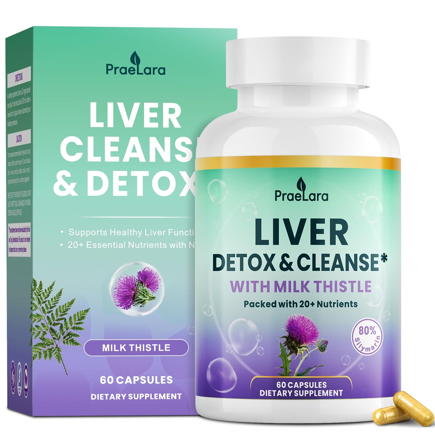 PRAELARA 32-in-1 Liver Cleanse Detox & Repair - Herbal Liver Health Support with Milk Thistle, Dandelion Root, Artichoke & Beetroot | 1250mg, Vegan, Non-GMO - 60 Capsules