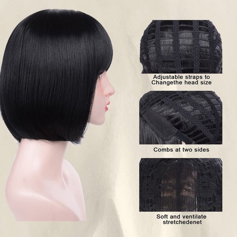 Aida ble Black Bob Wigs With Bangs - 12'' Short Black Bob Wigs for Women Super Soft and Easy to Wear Straight Bob Wig, Colorful Synthetic Wig for Daily, Cosplay, Halloween…