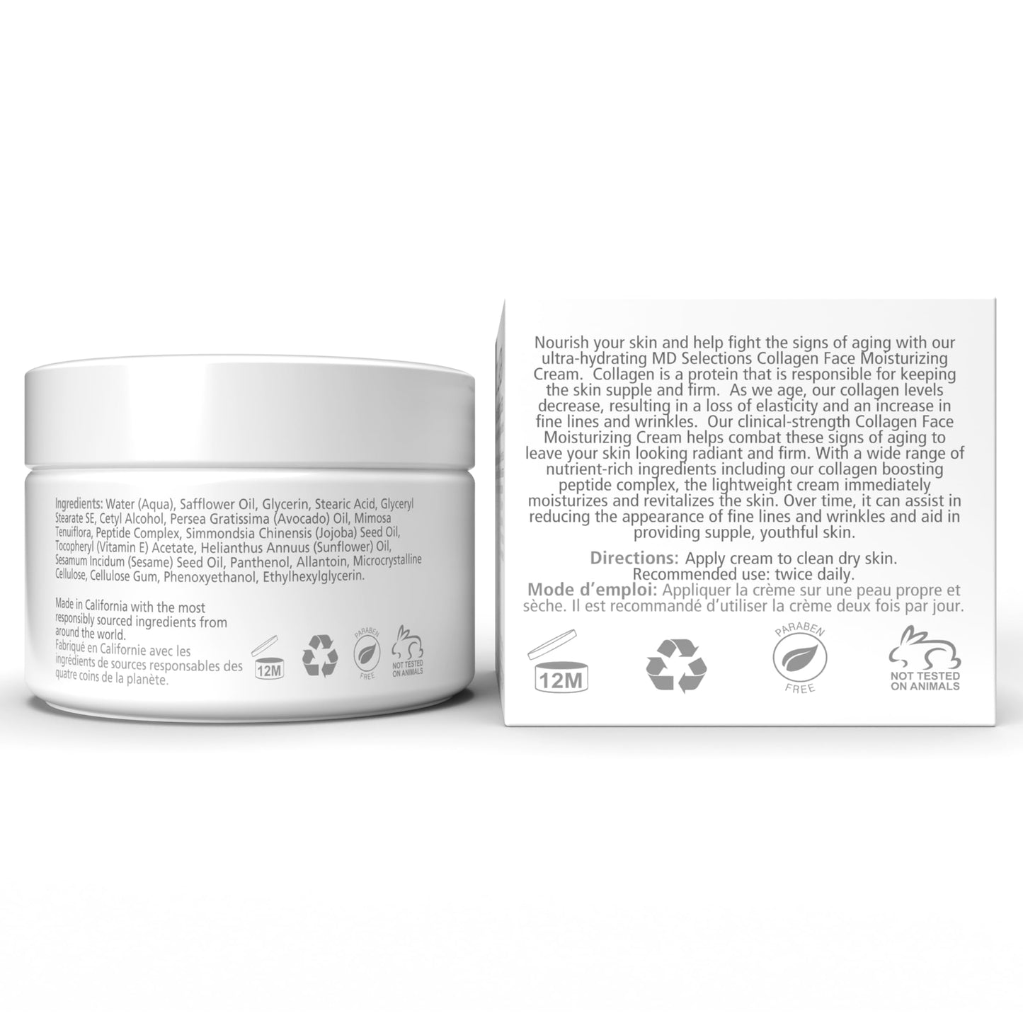 MD Selections Collagen Facial Cream, Face Moisturizer Cream for Dry Skin Vegan Anti Aging Crème d' hydratation faciale au collagène, Collagen Face Cream, 2 fl oz