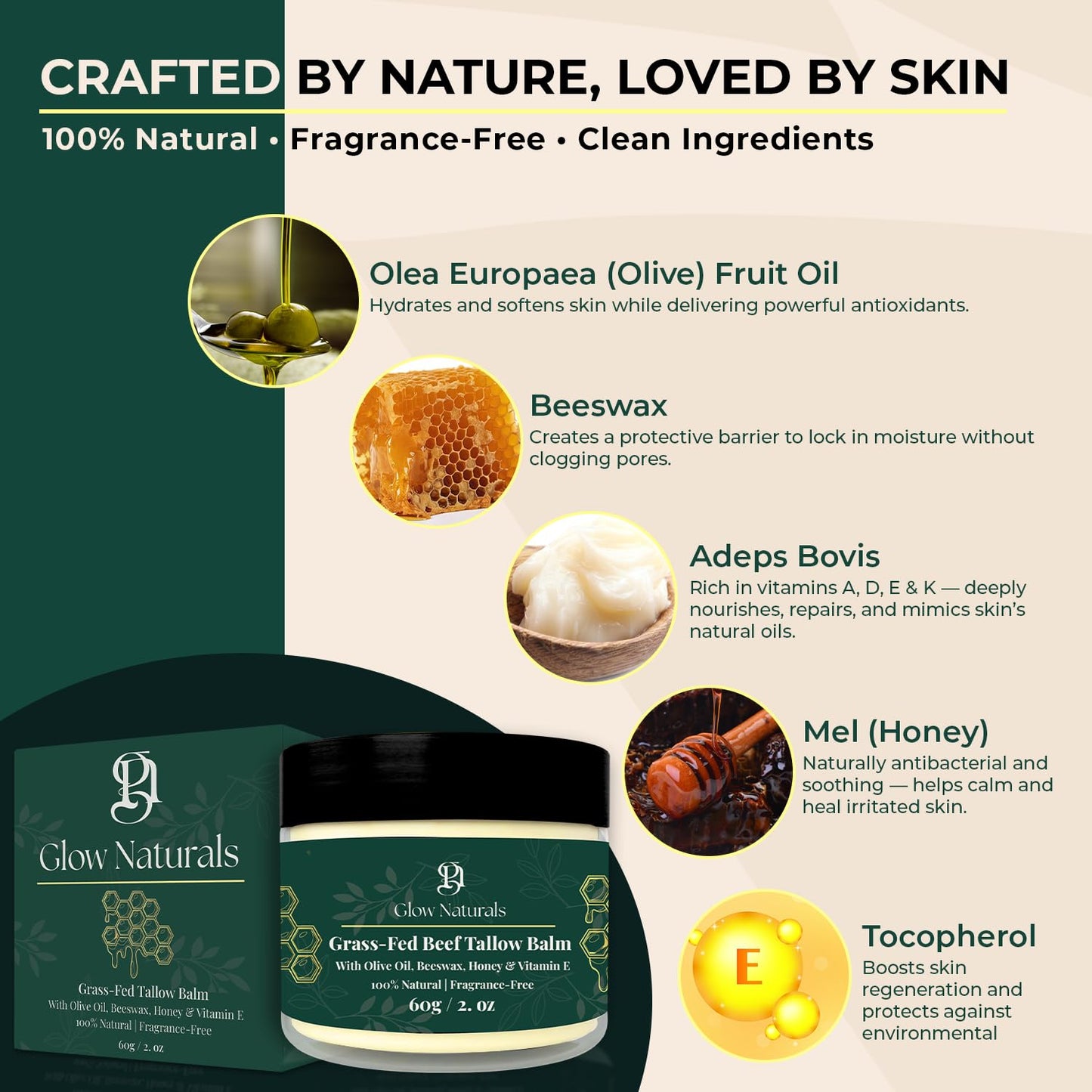 Glow Naturals Beef Tallow For Skin - 2 oz Fragrance Free Tallow And Honey Balm With Olive Oil, Beeswax & Vitamin E - Grass Fed Beef Tallow For Face, Body & Dry, Sensitive Skin